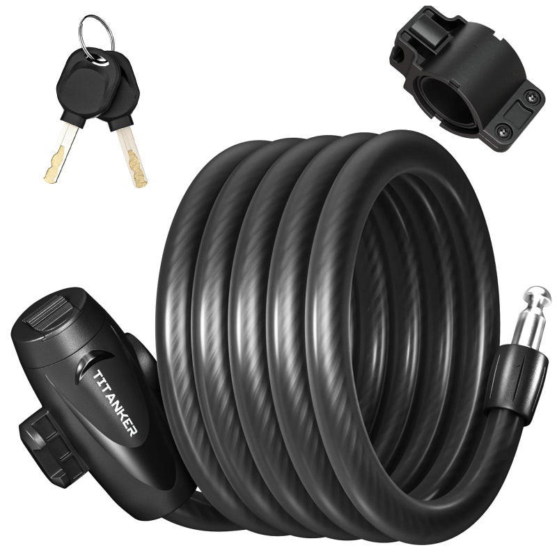Titanker Bike Lock, Bike Lock Cable 6 Feet Coiled Secure Bicycle Locks with Keys Scooter Locks Bicycle Locker 1/2 Inch Thick Heavy Duty Anti Theft Bike Cable Lock with Mounting Bracket - Image 1